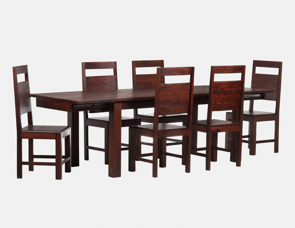 rozkładany stół z ciemnego litego drewna z 6 krzesłami